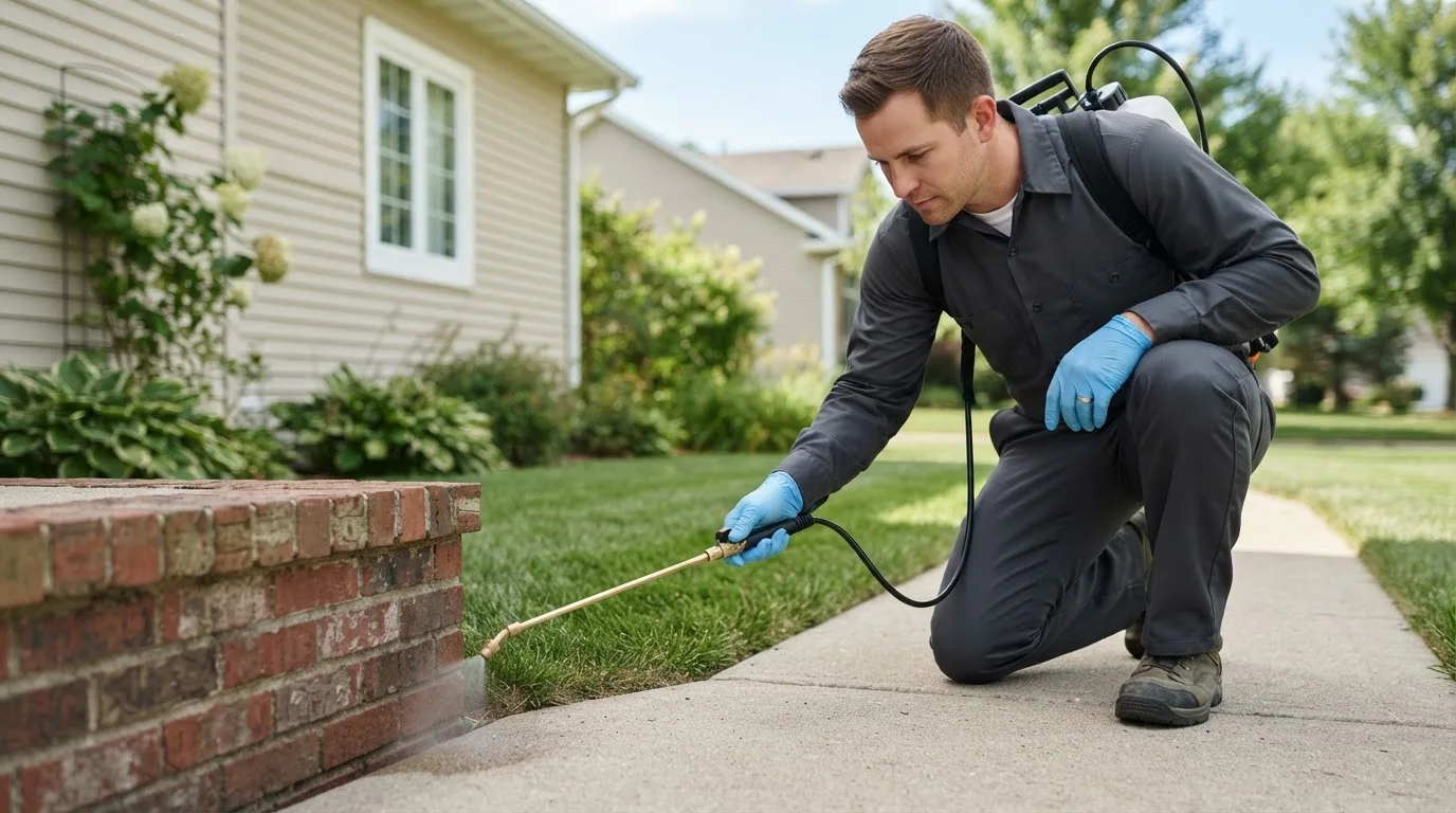 Pest control technician treating a home near Isanti, MN